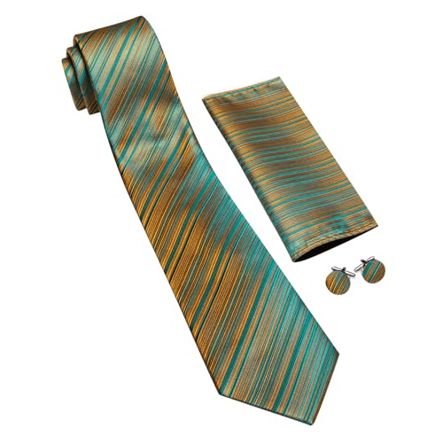 Image of Barry.Wang Tie Sets for Men Silk Stripe Necktie Woven Checkered Handkerchief Cufflinks Formal Business Wedding