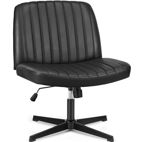 OLIXIS Criss Cross Chairs No Wheels Wide Seat Height Cross Legged Adjustable Swivel Chair Padded PU Leather Armless Desk Chair for Home Office Bedroom Student Study Room Black Dual Base