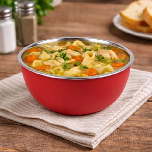 Image of Zaib Stainless Steel Microsafe Bowl (350ml, 12cm) - Insulated Double Wall Serving Dish for Soup, Snacks, Desserts & Festive Treats - Microwave Safe Outside, Steel Inside (Red)