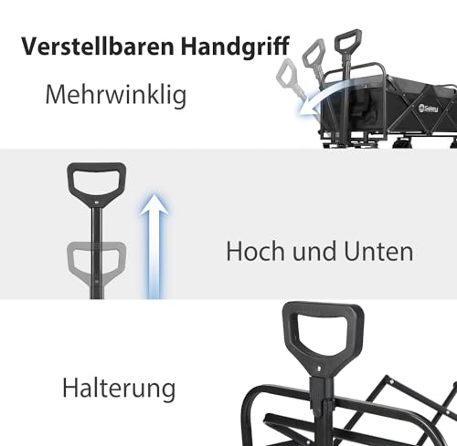 Sekey Bollerwagen Faltbar 200KG, Faltbarer Bollerwagen PU Breite Reifen 17x10 cm, Faltbollerwagen Transportwagen Alle Gelände mit Teleskopstange Bremsen, Klassisch 3017, Schwarz-Grau – Bild 6