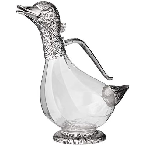 EDZARD Decatized Decanter Carafe in Duck Shape Daisy, Height 10,2 in, Capacity 0.9 Litre, Silver Plated Noble Elements Cover