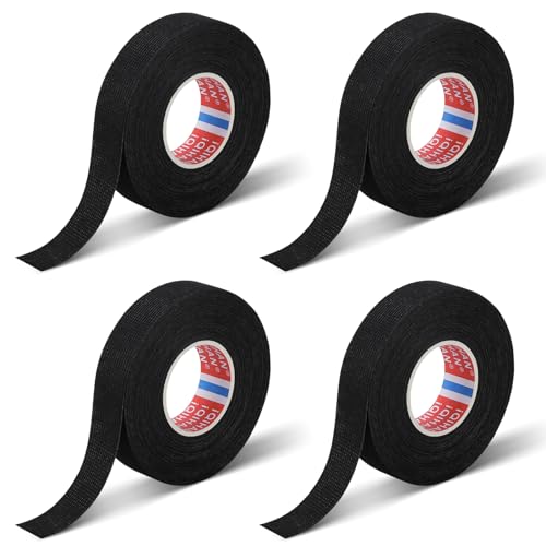 4 Rolls Wiring Loom Tape, Black Fabric Tape Adhesive 1.9CM x 15M Wiring Harness Tape, Cable Clothes Tape Reduces Cable Noise, Self Amalgamating Tape Electric Tape Black for Automotive Cable Fixing