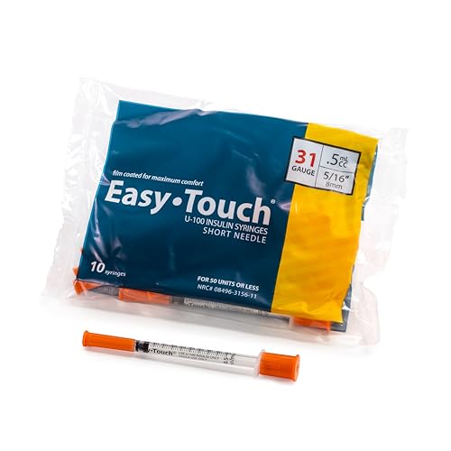 Image of Easy Touch 31 Gauge U-100 Insulin Syringes (31G 0.5cc 5 /16 inch) with 5 /16 inch Short Needle, 0.5cc (50 Unit Capacity), Bold Markings for Accurate Dosing, Disposable, Box of 100