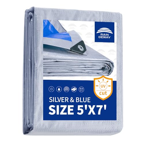 RAINDEWAY Tarps 5x7 Feet - 5.5 Mil Multipurpose Waterproof Poly Tarp Cover with Metal Grommets and Reinforced Edges Silver/Blue Tarp