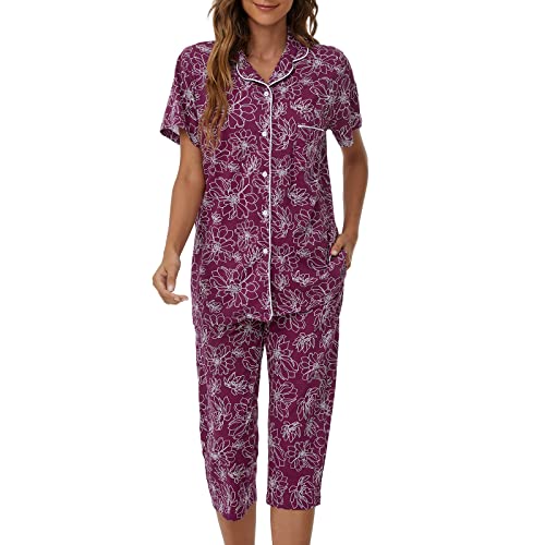 Image of Tugege Capri Pajamas Set Womens Button Down Short Sleeve Lounge Sets Sleepwear Notch Collar Top & Capri 2 Piece PJ Sets