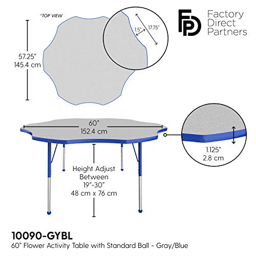 Image of FDP Flower Activity School and Office Table (60 inch), Standard Legs with Ball Glides for Collaborative Seating Environments, Adjustable Height 19-30 inches - Gray Top and Blue Edge