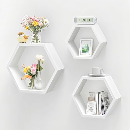 ZGZD Set of 3 White Wooden Hexagon Wall Shelves - Modern Decorative Storage for Home, Kitchen, Office Stylish Floating Shelves for Small Plants, Books, and Decor