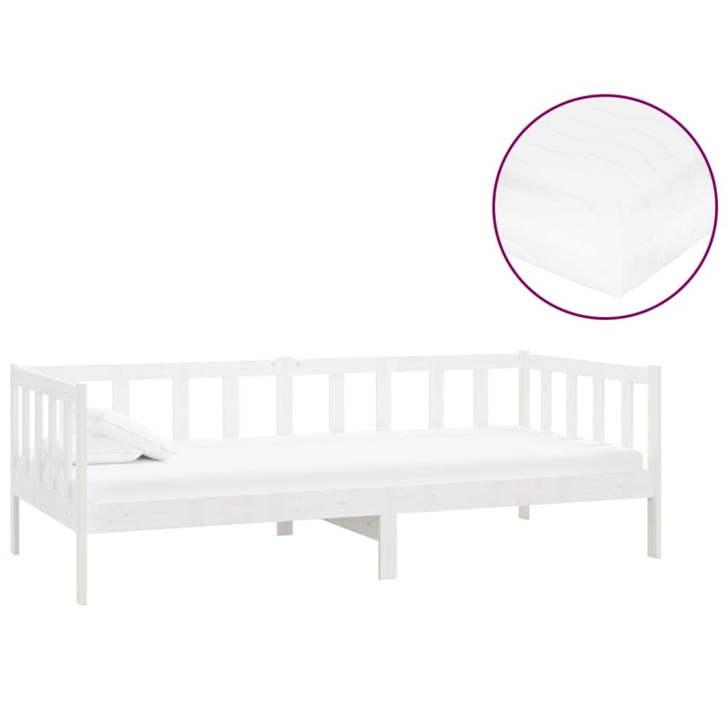 Cama de día con colchón 90 x 200 cm, madera maciza de pino blanco, sofá cama para habitaciones de invitados, habitaciones juveniles, dureza H3, grosor del acolchado de 20 cm