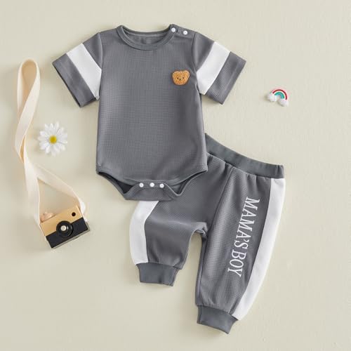 Image of Babieshouse Newborn Baby Boy Clothes Mamas Boy Bear Embroidery Long Sleeve Romper Pants Set Fall Winter Outfits 3-18 Months