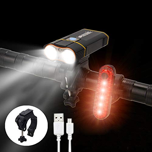 Best Mountain Bike Lights for Night Riding,1000 Lumens Bike Headlight 2 LED【Upgrade Mount】,USB Rechargeable Bicycle Headlight & Rear Light Set for Road Commuting,Front & Back Bike Light Flashing Light