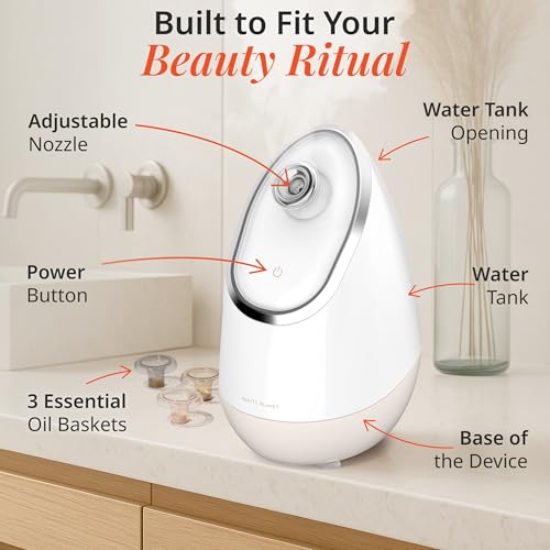 Image of Vanity Planet Aira Ionic Facial Steamer (Beige) - Pore Cleaner that Detoxifies, Cleanses and Moisturizes - Adjustable Nozzle, Water Tank with 3 Essential Oil Baskets