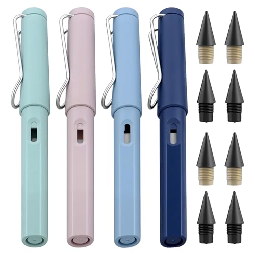 PETERMALLON Lot de 4 crayons sans encre éternelles en métal - Crayon infini avec gomme - Crayon sans fin avec 8 têtes interchangeables