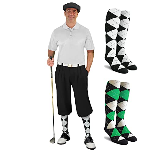 Mens Multi Style Black Golf Outfit - Matching Knickers and Cap - Two Over-The-Calf Golf Socks