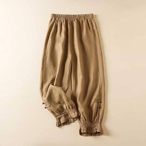 Womens Cotton Linen Pants Vintage Embroidery Elastic Waist Solid Color Casual Pants Ruffle Cropped Trousers Pockets2