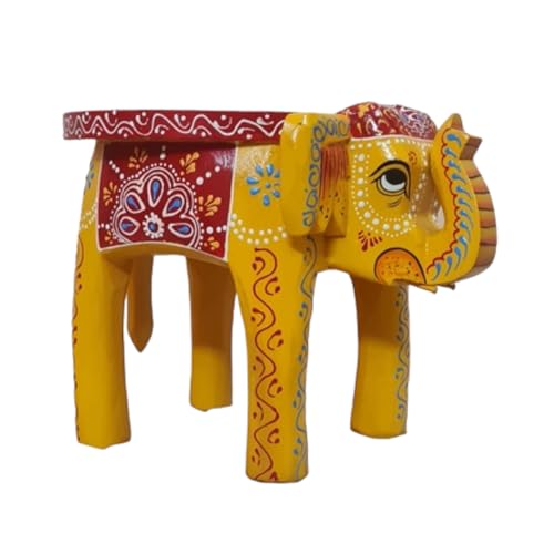 Image of Hand-Crafted and Emboss Colorful Painted Wooden Elephant Shape Stool for Home /Office /Living or Bedroom Decor,Decorative Showpiece (8 Inches Height, Yellow)