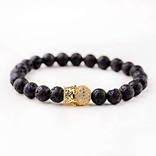 Lavastein Armband, Charme Cz Krone & Kugel Männer Natürlichen Vulkanischen Stein Perlen Armreif, Yoga Verstellbaren Elastischen Manschette Mit Rollrand Unisex Armband Schmuck Festival Paar Geschenk