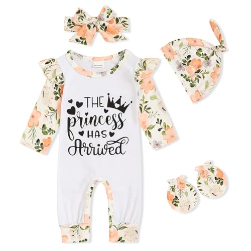 Image of GRNSHTS Newborn Baby Girl Romper Infant Letter Print Jumpsuit Floral Bodysuit+Hat+Headband+Gloves Coming Home Clothes Outfits