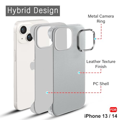 Image of TheGiftKart Hybrid Ultimate Slim Back Case Cover for iPhone 13 / iPhone 14 | Lightweight Profile | Hard Back Case Cover for iPhone 13 /14 (PC & TPU, Metal Camera Ring, Leather Texture Finish, Grey)