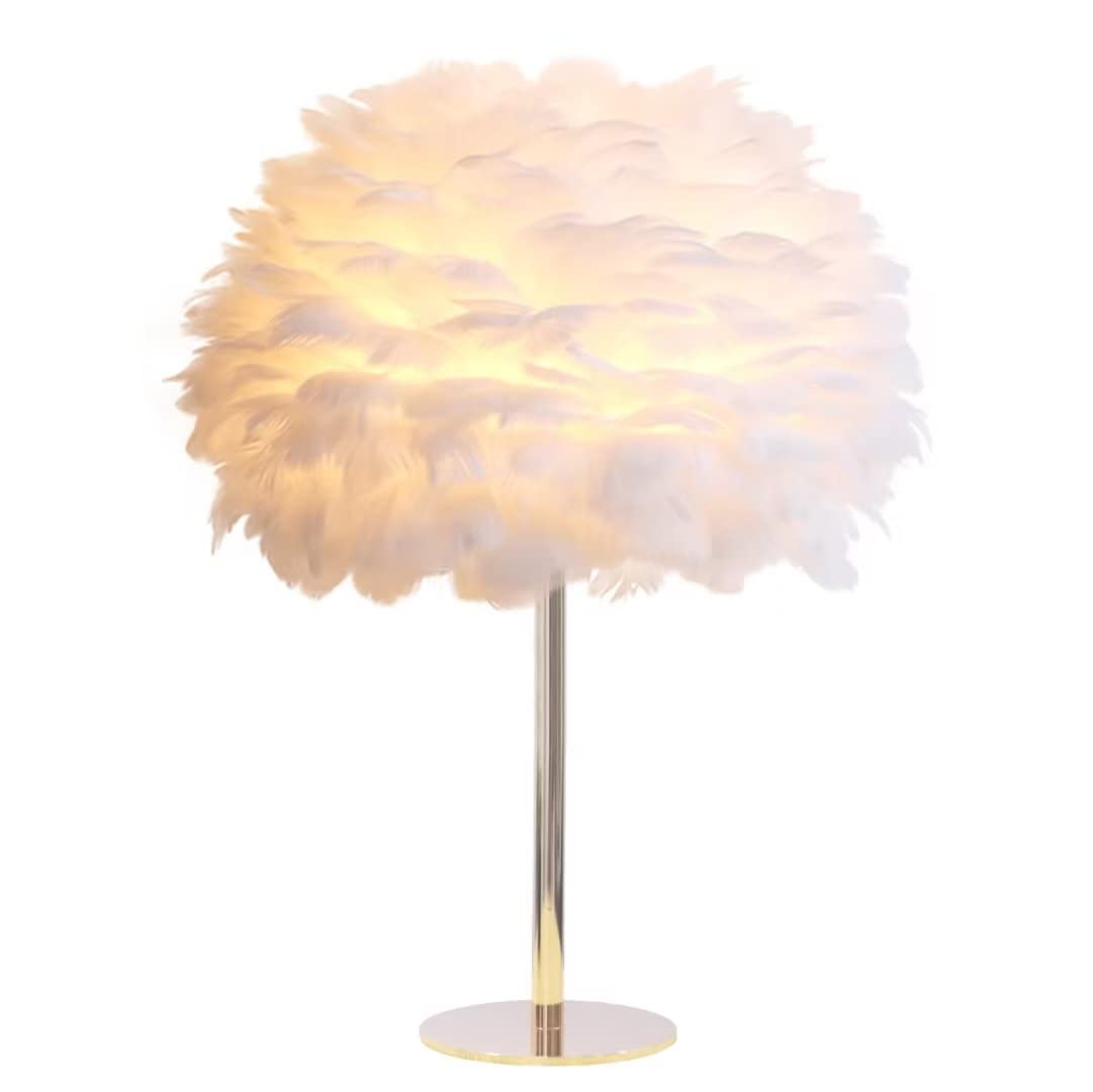 GUANSHANWhite Feather Table Lamp Romantic Feather lampshade Night Light Desk Lamp Feather Bedside Table Light Fixture Decorative Table Lighting for Bedroom, Living Room