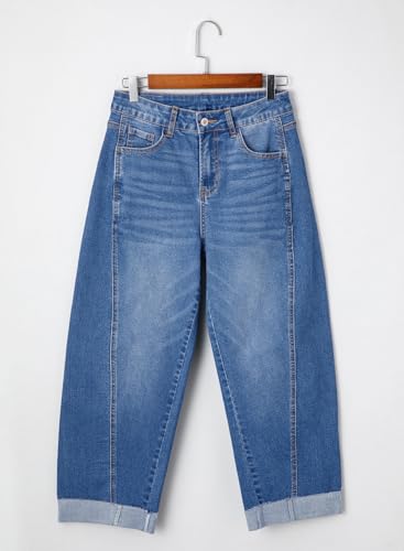 Image of Sidefeel Barrel Jeans for Women High Waisted Wide Leg Baggy Stretchy Trendy Raw Rolled Hem Capri Cropped Ankle Denim Pants