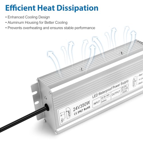 Image of 24V 350W LED Power Supply, IP67 Waterproof LED Driver, Low Voltage Transformer, AC 90-140V to DC 24V 14.6A Converter with 3-Prong Plug 3.3 Ft Cable for Outdoor LED Light, Landscape Light, Industrial