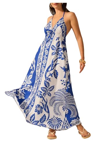 Image of SHENHE Women's Summer Tropical Floral Halter Maxi Dress Open Back Empire Waist Flowy Boho Dress