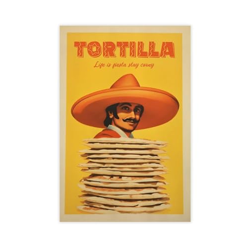 Stampa artistica da parete su tela, motivo: tortilla con cibo messicano, cappello a tesa larga, 20 x 30 cm