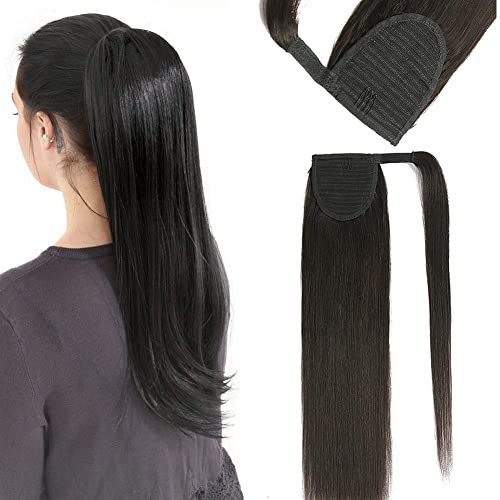 Ponytail Extension Human Hair Clip in Wrap Around Ponytail Hair Extension 80g Remy Human Hair Straight (16" 80g, #1B Natural Black)