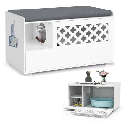 COSTWAY Katzenschrank für Katzentoilette, 4 in 1 Katzenhaus Schuhbank Beistelltisch, Katzenhöhle mit Eingang & Haken & abnehmbarem Kissen, Katzenklo Schrank Katzenmöbel, Katzen Hunde Haustier, Weiß