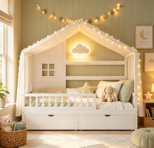 Image of Bellemave Twin House BedFrame with Canopy and Storage Drawers, Montessori Bed, House Bed with Rails for Kids, White
