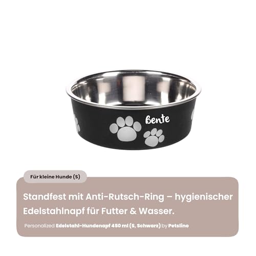 Hundenapf personalisiert aus Edelstahl S 450 ml Schwarz – rutschfest, leicht & hygienisch – Futter- & Wassernapf mit Namen für kleine Hunde & Katzen
