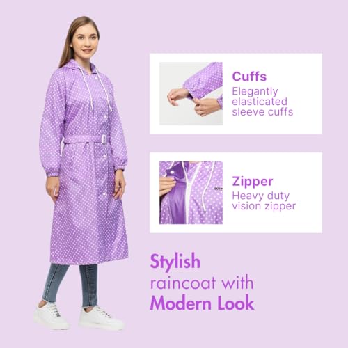 Image of Citizen Polyester Reversible Casual Style Raincoat For Women With Inbuilt Hood,Waist Belt & Matching Carry Pouch|Stylish Polka Dot Design|Durable & Lightweight Rainsuit With High Tearing Strength
