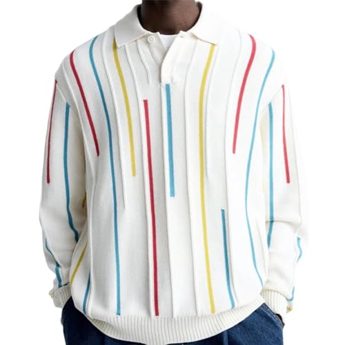 Casual Striped Knit Polo Shirt for Men V Neck Long Sleeve Buttons Lapel Jumper Tops