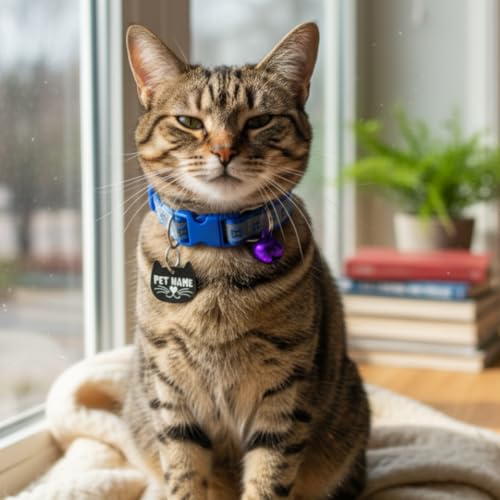 Image of PAWPRO HANDMADE Reflective Cat Collar with Custom ID Tag - Adjustable Collar with Bell for Cats & Small Dogs - Personalized Name Tag (Ocean Pup)