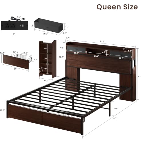Image of LIKIMIO Queen Bed Frame with Storage & 4 Drawers & 2 Nightstands Walnut | Slide Out Bedside Nightstands, Storage Shelf, Charging Station, No Box Spring Needed, Easy Assembly, Mid-Century Modern