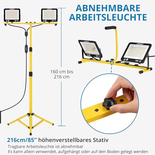 AUTOUTLET Baustrahler LED mit Stativ, 2x 100W 19000LM LED Strahler Arbeitsleuchte mit 3 Farbtemperaturmodi, verstellbarer Stativ & 5M Netzkabel IP66 Wasserdicht,abnehmbar Baulampe für Garage Baustelle