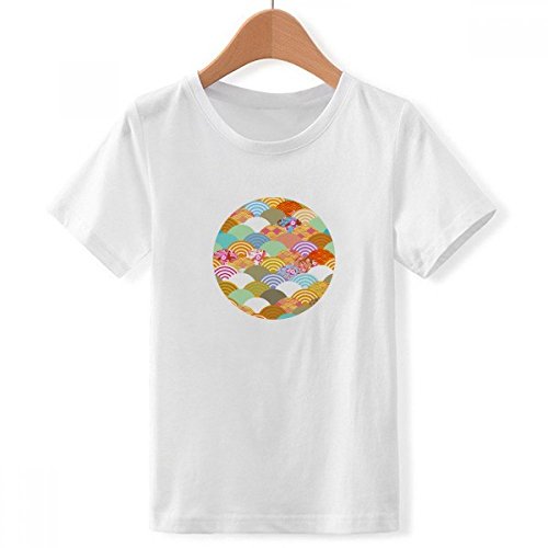 T-Shirt Blanc Garçon X-Grand avec Motif Géométrie Fleurs Japon Multicolore Col Ras du Cou