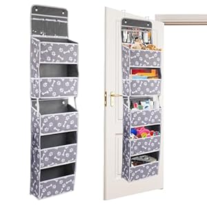 Dog Toy Basket – 5-Shelf Hanging Organizer with 2 Metal Hooks, 5 Pockets for Dog Leash, Harness, Toys & Treats – 62.5”(H) Bone Claw Print