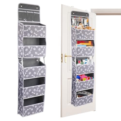 Dog Toy Basket – 5-Shelf Hanging Organizer with 2 Metal Hooks, 5 Pockets for Dog Leash, Harness, Toys & Treats – 62.5”(H) Bone Claw Print