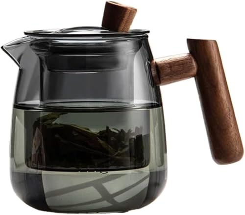 耐熱ガラスティーポット 透明クリア急須 木製持ち手おしゃれデザイン 緑茶・紅茶・フルーツティー・リーフティー・工芸茶対応 ハーフティー用ガラスポット (ブラック)