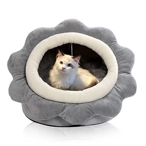 Cat Beds for Indoor Cats - Small Cat Bed with Anti-Slip Bottom, Sunflower-Shaped Cat/Dog Cave with Hanging Toy, Puppy Bed with Removable Cotton Pad, Super Soft Calming, Multiple Sizes(Grey M)