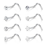 JFORYOU 20G 8PCS Silver Nose Rings Screw Studs Nose Piercing Jewelry Flat CZ Ball Heart Star Flower Stainless Steel Body Jewelry