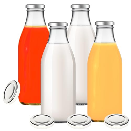 Lot de 4 bouteilles en verre 1000 ml avec 8 couvercles argentés avec étiquettes