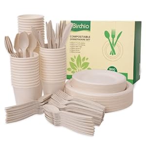 300 Piece (50 Sets) Biodegradable Paper Plates Set (EXTRA LONG UTENSILS), Disposable Dinnerware Set, Eco Friendly Compostable Plates & Utensil include Plates, Cups, Forks, Knives and Spoons