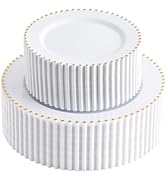 supernal 100pcs White Plastic Plates with Gold Beads - Heavy Duty Elegant Disposable Plates Set I...