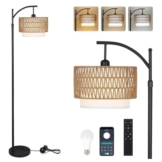 Rayofly dimbare vloerlamp woonkamer, rotan vloerlamp met afstandsbediening, app-bediening, boho vloerlamp met rotan & linnen lampenkap, vintage vloerlamp voor slaapkamer