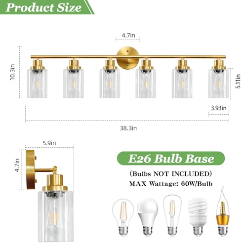 Image of 6-Light E26 Gold Bathroom Vanity Lights, Modern Bathroom Light Fixtures with Clear Glass Shade, Wall Lamps for Mirror Hallway Kitchen Cabinet Living Room Sconces Lights