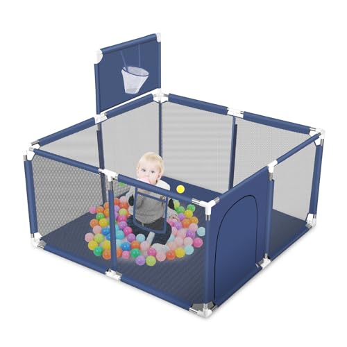 Parque infantil para bebés, Parque infantil de seguridad resistente con base antideslizante, con malla supersuave y transpirable, para interior y exterior (Azul, 128 * 128)