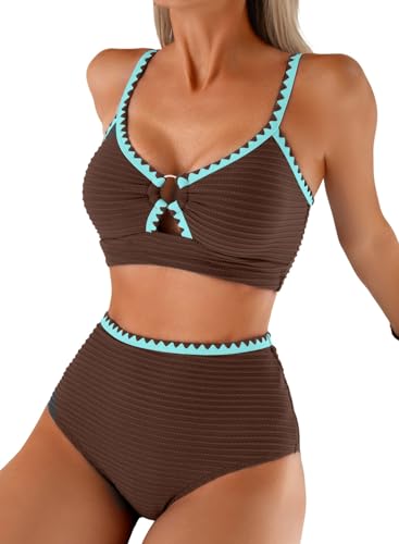 Women's Textured Bikini Sets O Ring Swimsuits Whip Stitch High Waisted Bathing Suits 2026 Summer Beach Wear