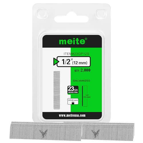 meite 23 Gauge Pin Nails, 1/2 Inch Micro Headless Pins - Galvanized 23GA Pins Nails for Nail Gun, Ideal for Fine Woodworking and Trim Work (2,000 Counts)